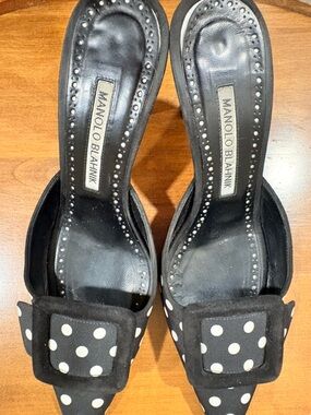Manolo Blahnik Maysale Polka Dot Buckle Mules Kitten Heel Size 36.5 (US 6.5)